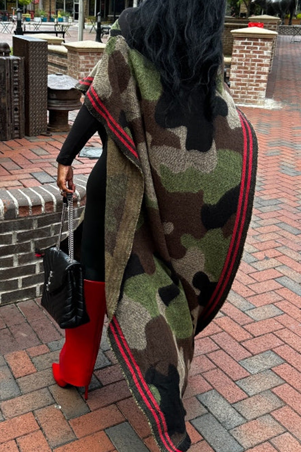 Casual Raw Trim Camo V-Neck Poncho