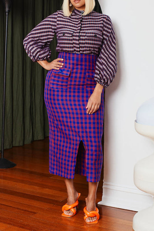 Vintage Plaid Split Hem Skirt