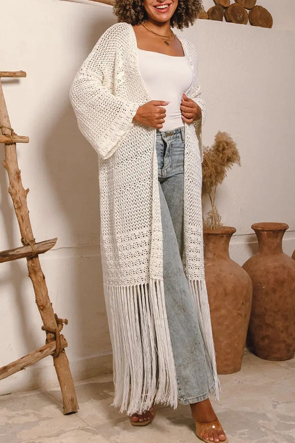 Elegant Fringe Trim Textured Knit Cardigan