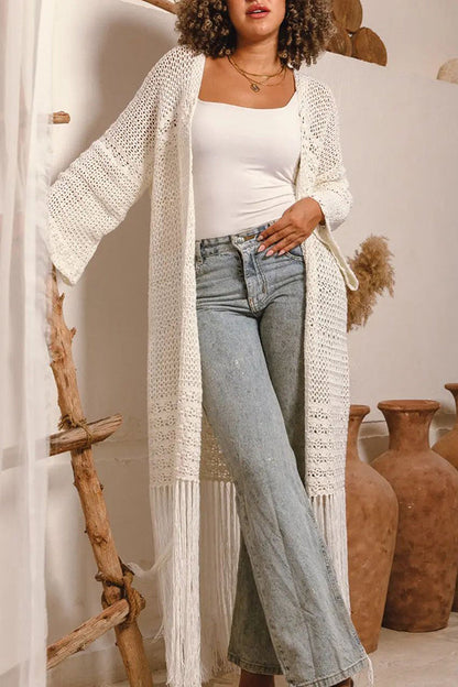 Elegant Fringe Trim Textured Knit Cardigan