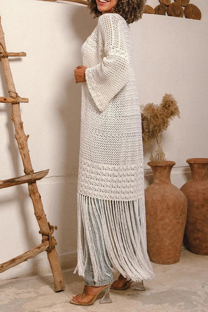 Elegant Fringe Trim Textured Knit Cardigan