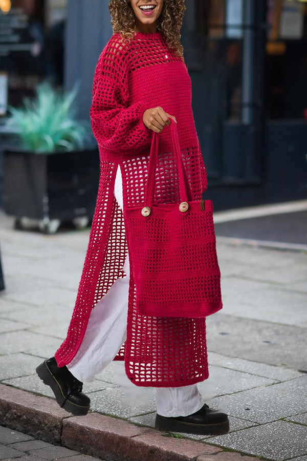 Casual Round Neck Open Knit Midi Dress