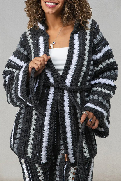 Casual Textured Knit Open Front Cardigan & Pants Set