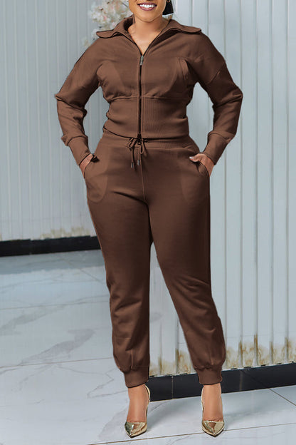 Casual Solid Zip Front Sweatshirt & Pants Set