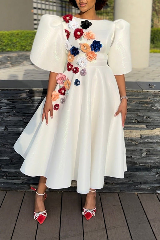 Gorgeous Puff Sleeve Three-Dimensional Flower Dress