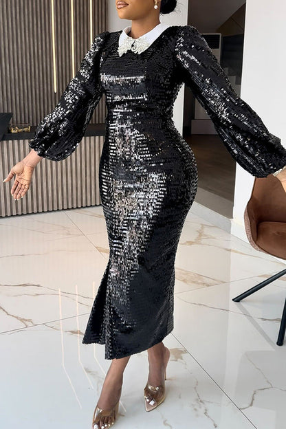 Holiday Sequin Lantern Sleeve Midi Dress