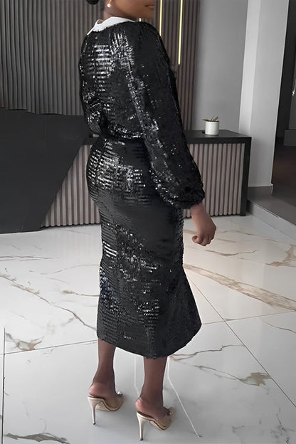 Holiday Sequin Lantern Sleeve Midi Dress