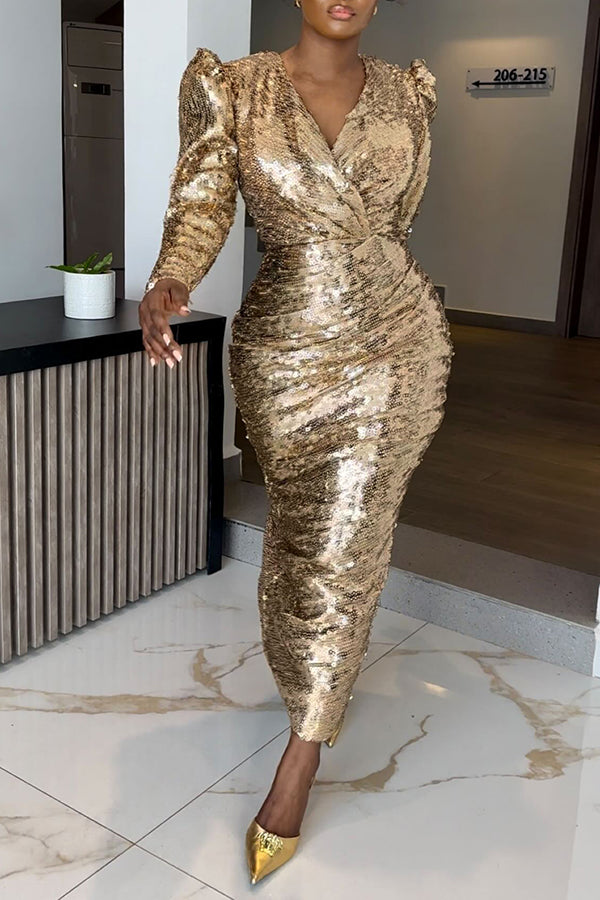 Holiday Gigot Sleeve Sequin Midi Dress