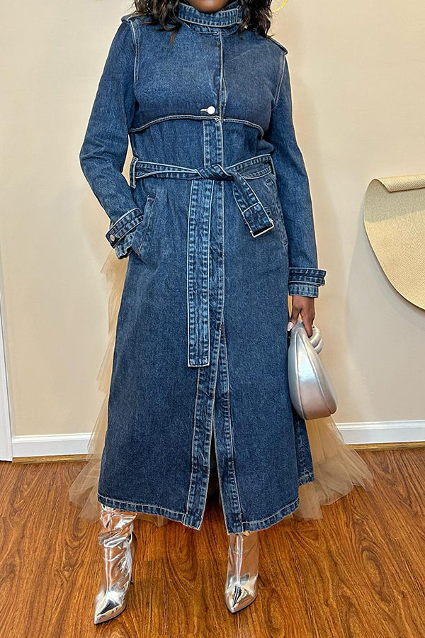 Stylish Belted Solid Denim Trench