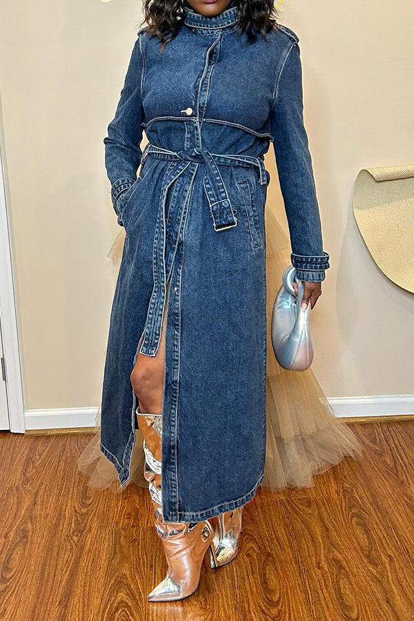 Stylish Belted Solid Denim Trench