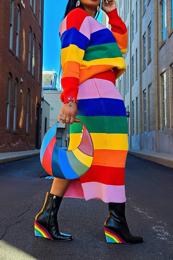 Casual Colorful Striped Knitted Top & Skirt Set