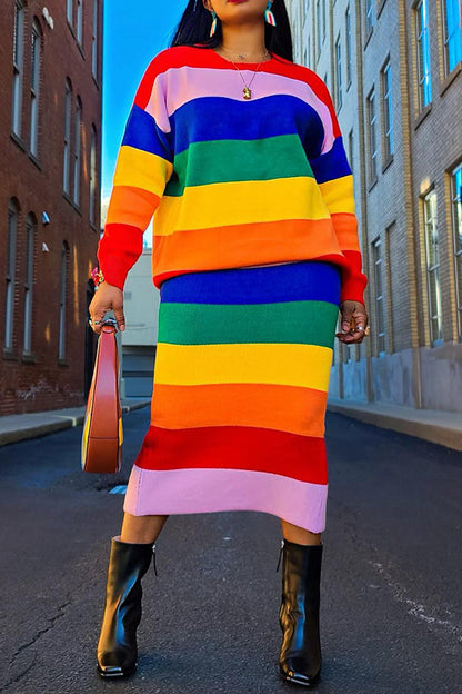 Casual Colorful Striped Knitted Top & Skirt Set