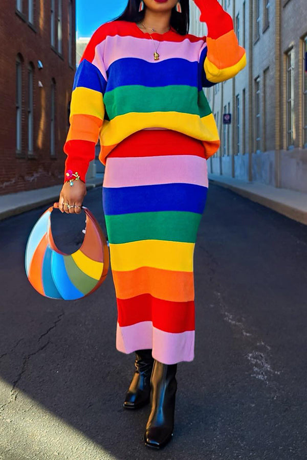 Casual Colorful Striped Knitted Top & Skirt Set