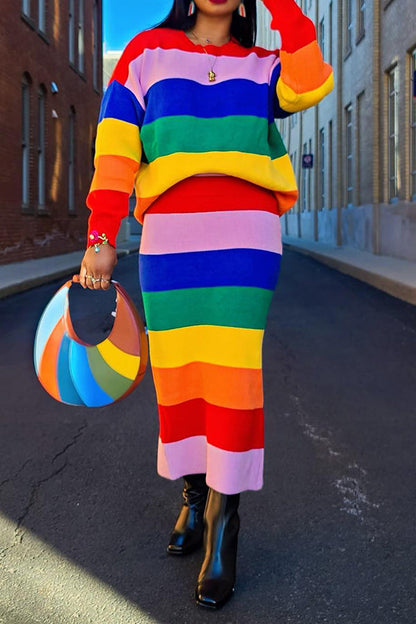 Casual Colorful Striped Knitted Top & Skirt Set