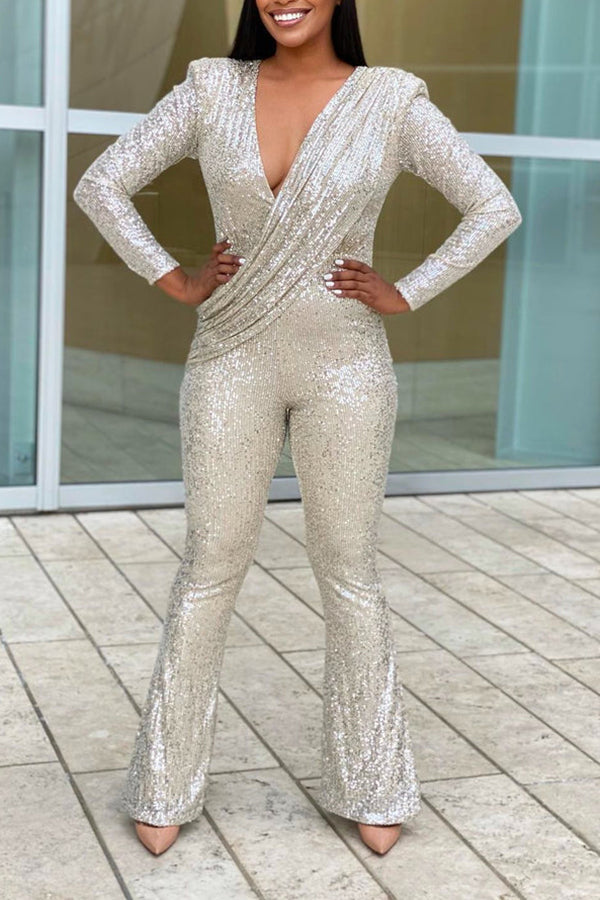 Stylish Surplice Neck Sequin Jumpsuit