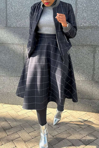 Casual Plaid Jacket & A-line Skirt Set