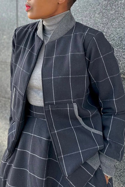 Casual Plaid Jacket & A-line Skirt Set