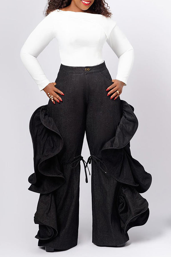 Stylish Ruffle Trimmed Solid Color Pants