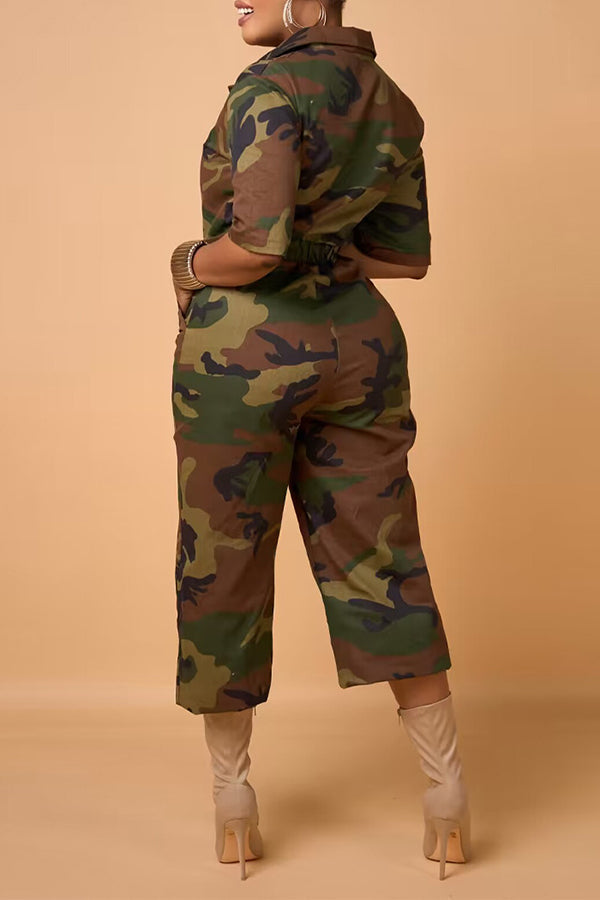 Casual Camo Print Slant Pocket Jumpsuit