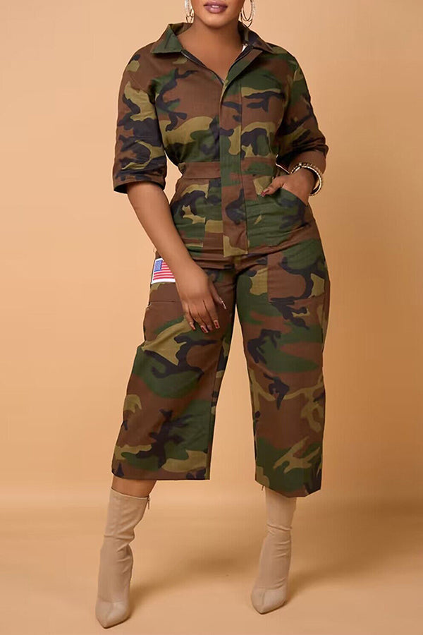 Casual Camo Print Slant Pocket Jumpsuit