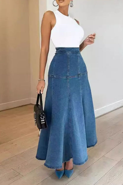 Stylish Denim Fishtail Hem Skirt Blue