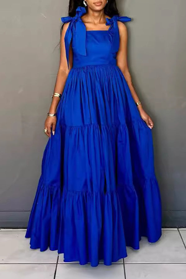 Stylish Tie Shoulder Ruffle Hem Maxi Dress Blue