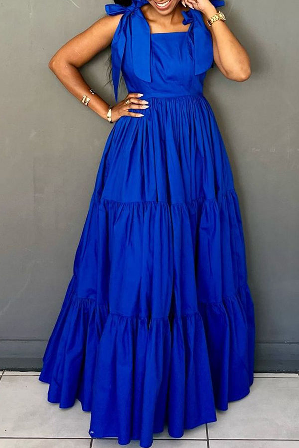 Stylish Tie Shoulder Ruffle Hem Maxi Dress