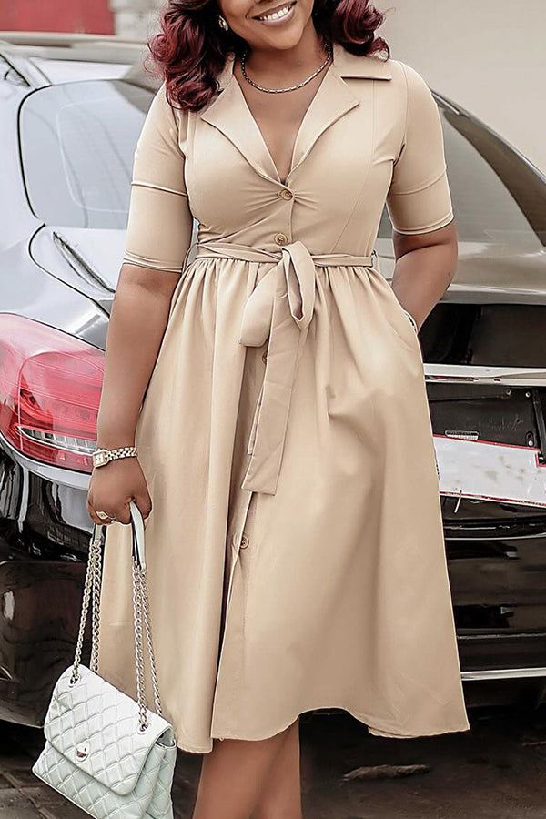 Elegant V-Neck Belted Midi Dress Apricot