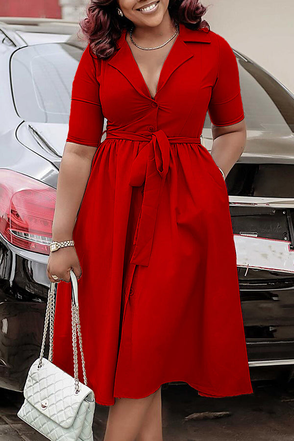 Elegant V-Neck Belted Midi Dress Red