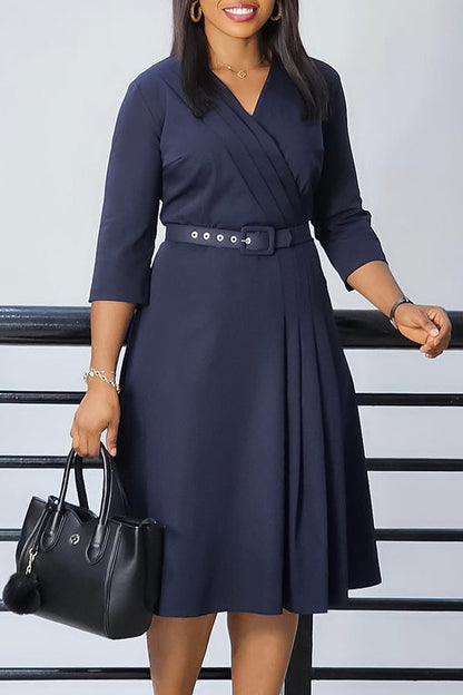 Elegant Pleated Belted Midi Dress Navy blue