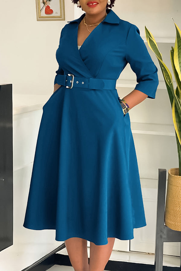 Surplice Neck 3/4 Sleeve Belted Dress