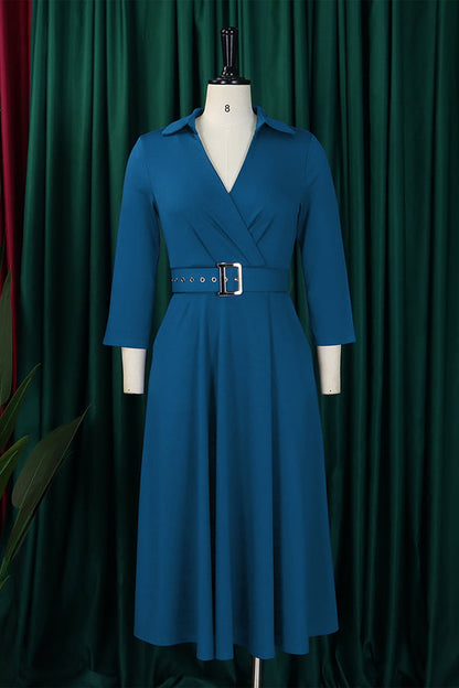 Surplice Neck 3/4 Sleeve Belted Dress