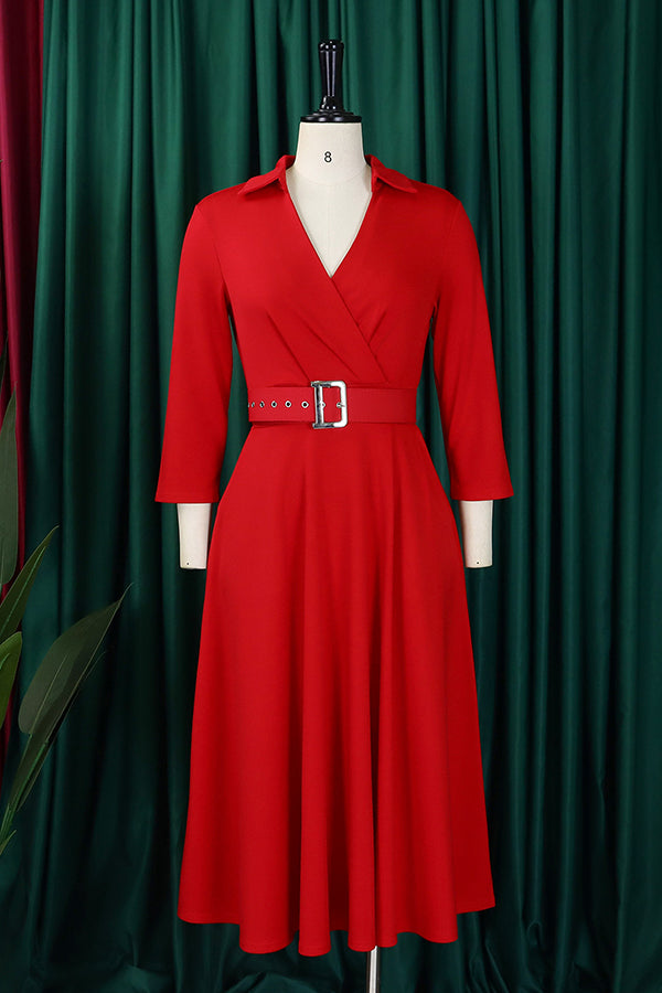 Surplice Neck 3/4 Sleeve Belted Dress