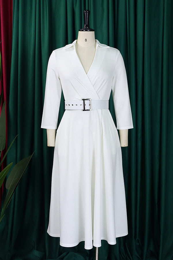 Surplice Neck 3/4 Sleeve Belted Dress