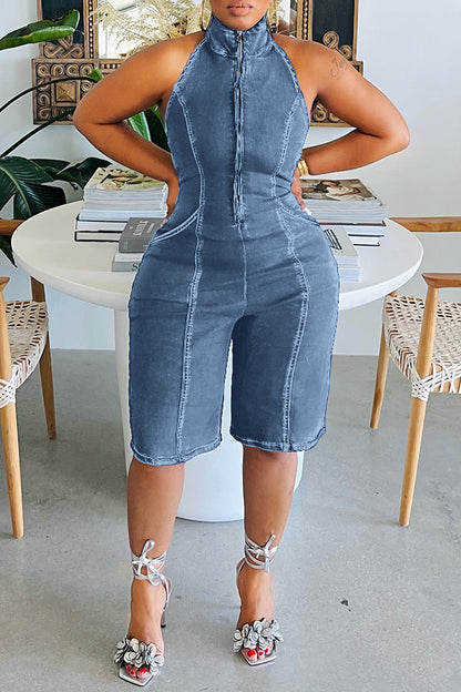 Casual Crew Neck Sleeveless Denim Romper Wathet blue