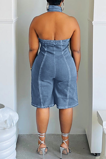 Casual Crew Neck Sleeveless Denim Romper