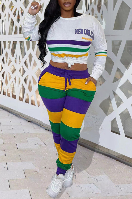 Casual Color Stripe Print Long Sleeve T-Shirt Slim Color Block Pant Suits Purple