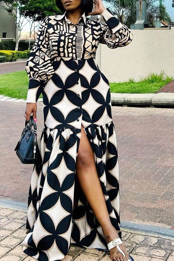 Fashion Print Single Breasted Long Sleeve Shirt Collar Slit Maxi Dress