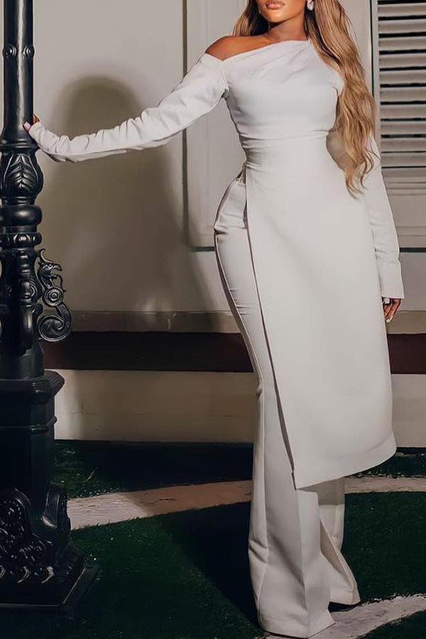 Elegant One Shoulder Long Sleeve Slit Long Top High Waist Flared Pant Suits White