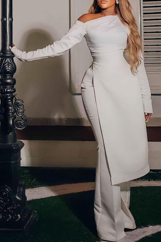 Elegant One Shoulder Long Sleeve Slit Long Top High Waist Flared Pant Suits White