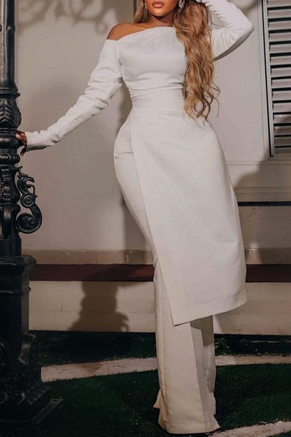 Elegant One Shoulder Long Sleeve Slit Long Top High Waist Flared Pant Suits