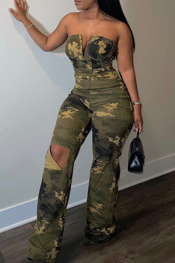 Fashion Bandeau V-Neck Camouflage Print Slim-Fit Ripped Jumpsuit Army Green