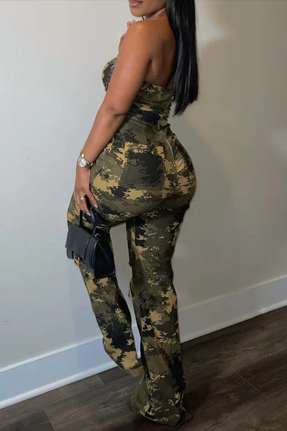 Fashion Bandeau V-Neck Camouflage Print Slim-Fit Ripped Jumpsuit