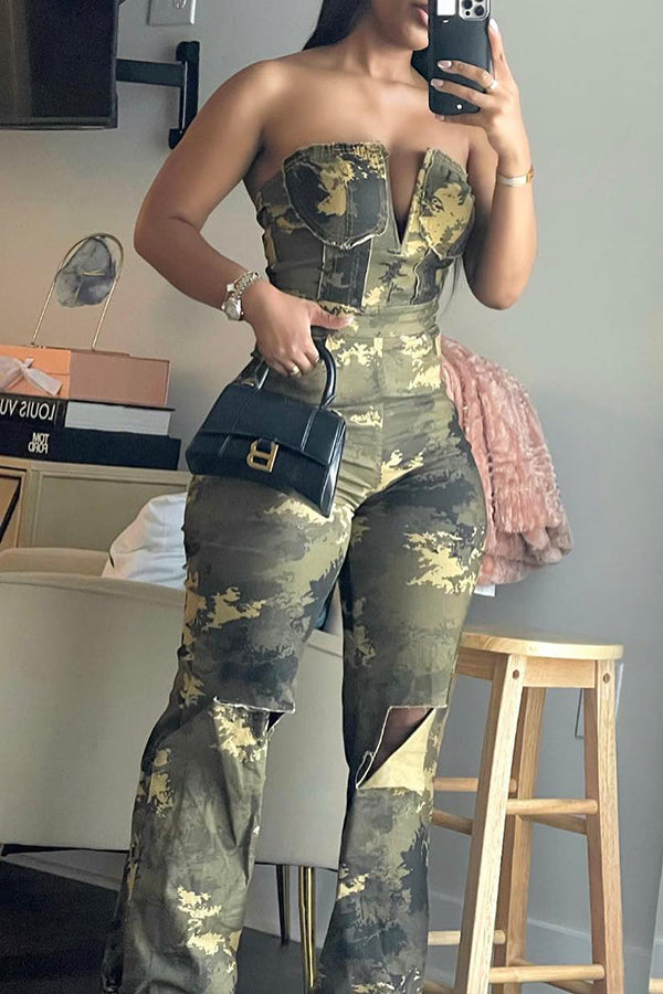 Fashion Bandeau V-Neck Camouflage Print Slim-Fit Ripped Jumpsuit