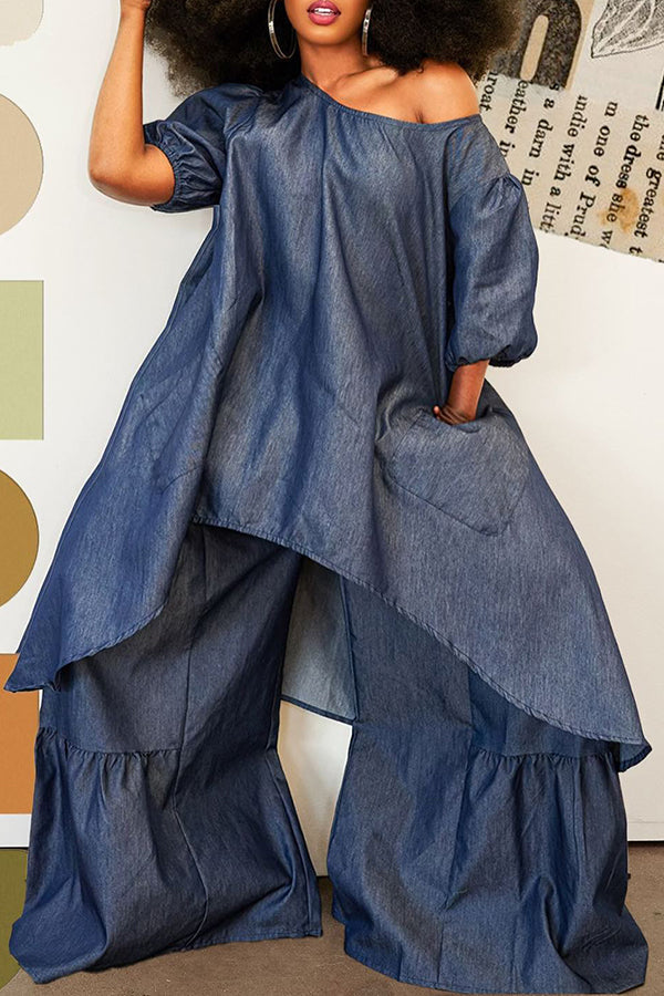 Fashion Loose Half Sleeve Asymmetric Mid-Length Blouse Flared Pant Suits Navy blue