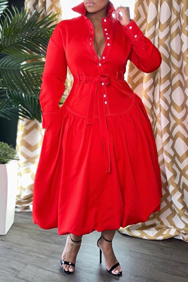 Fashion Red Shirt Collar Long Sleeve Lace-Up Bubble Maxi Dress Red