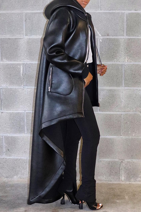 Personalized Asymmetric Solid Color Zipper Faux Leather Hooded Maxi Windbreaker