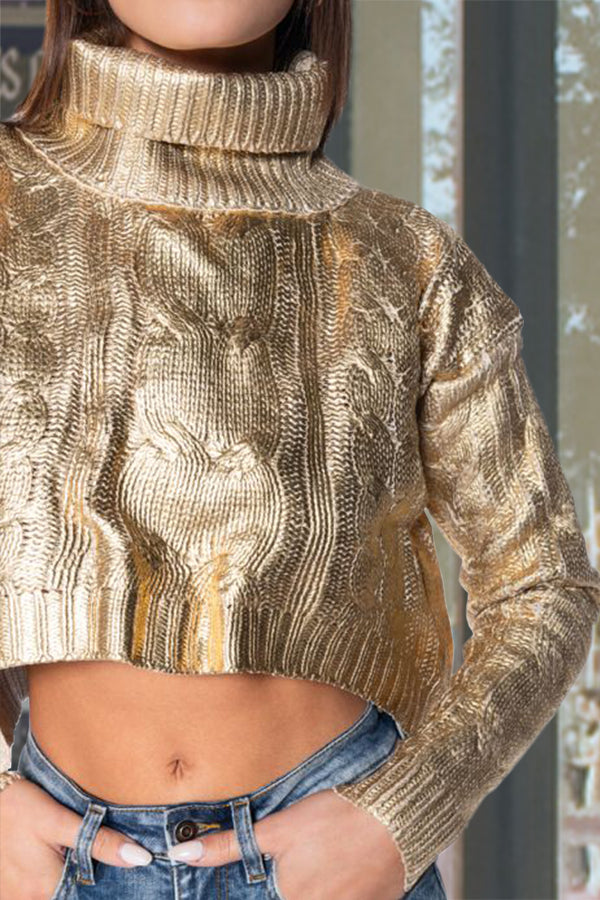 Stylish Gold High Neck Long Seeve Asymmetrical Short Sweater