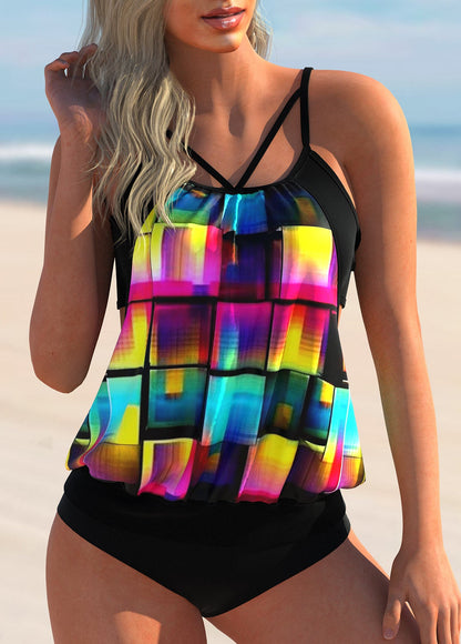 Geometric Print Spaghetti Straps Tankini Set Multicolor