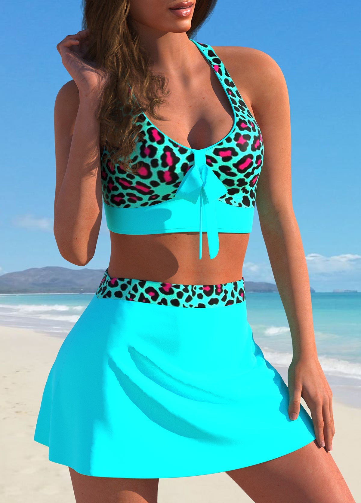 Leopard Print Cyan Cross Strap Bikini Set